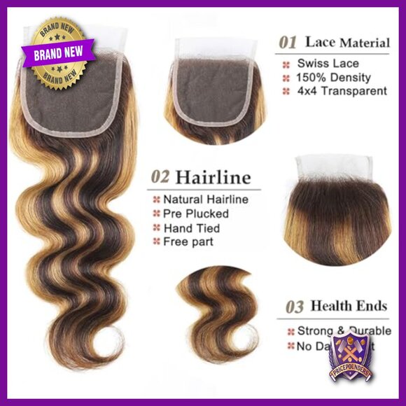 Body Wave Human Hair Extensions with 4x4 Lace Closure, 20 Inches